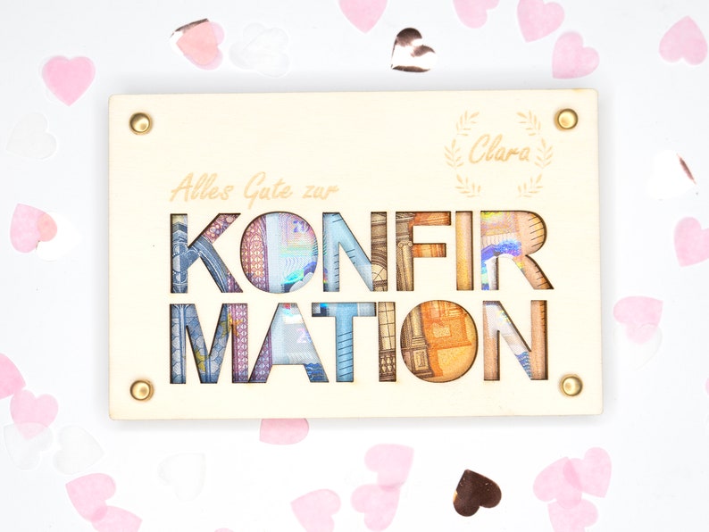 Personalisiertes Geldgeschenk zur Konfirmation Geschenk personalisiert mit Namen Geschenkkarte aus Holz Geschenkverpackung Geld Bild 1