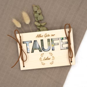 Personalisiertes Geldgeschenk zur Taufe Geschenk personalisiert mit Namen Geschenkkarte aus Holz Geschenkverpackung Geld mit Band B2