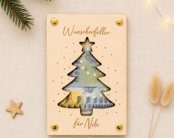 Personalisiertes Geldgeschenk Weihnachten Wunscherfüller Weihnachtsgeschenk Geschenkkarte aus Holz Geschenkverpackung mit Namen