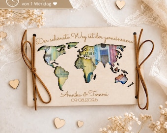 Mapa del mundo de madera personalizado, regalo de boda, regalo de boda en efectivo, regalo de viaje, regalo para cumplir deseos con cintas B2