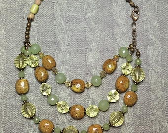 One Cool Necklace // 3 Strand // Green Beads // Faceted Beads // Golden