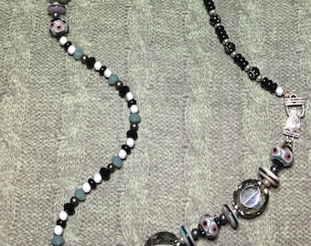 Miracle Blue // Long Beaded Necklace // Women's Jewelry // White, Grey, Black and Blue // Boho Style // Gift for Mom or Daughter