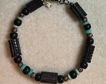 Men’s Black Rubber Tread // Beaded Mens Bracelet // Turquoise Jewelry // Gift for Him