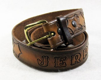 Vintage "Jerry" Named, Eagle, Veiner & Basketweave Pattern Tooled Leather Belt Sz.36/37 1980's