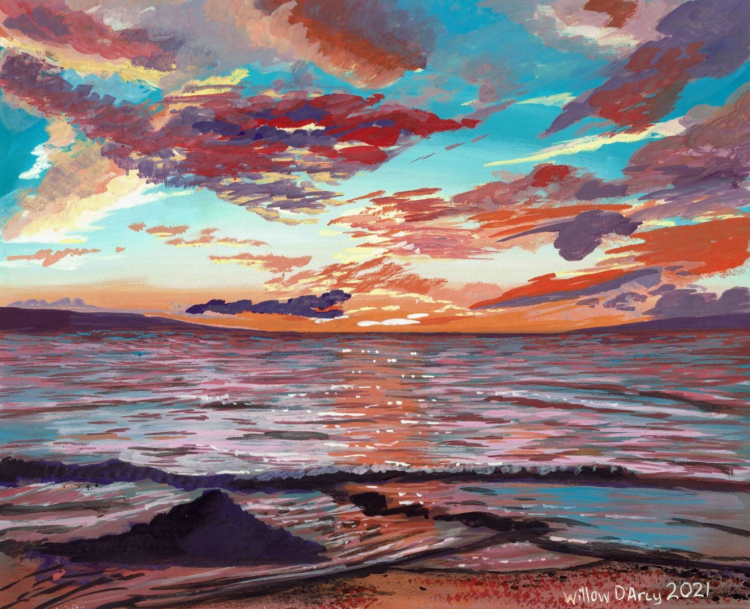 Beautiful Gouache Ocean Sunset of Maui Hawaii Art Painting Etsy