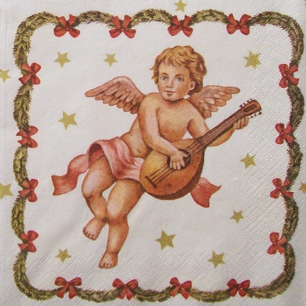 Set 0f 4 Paper Napkins for Decoupage,High quality napkins. angel playing mandolin. SHABBY CHIC NAPKINS - Serviettes, Napkins,  Art.Pap 13