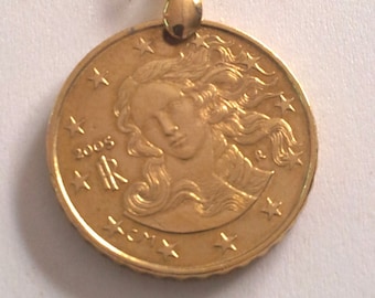 Italy 2005 "VENUS" Coin Pendant, Genuine 10 Eurocent Coin.the birth of Venus.Sandro Botticelli.Florence. Diam.mm. 20.16th Birthday.art.385