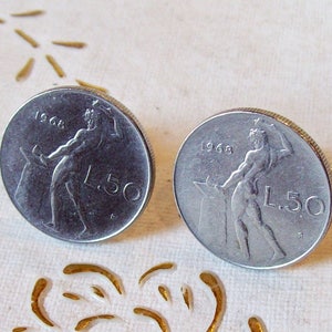 Vintage 1968 Italian Coin Cufflinks Mens.Vulcan,God of fire.Set made from Original very rare 50 Lire Coins. 53th Birthday.mm.24,8(1&quot;).art51