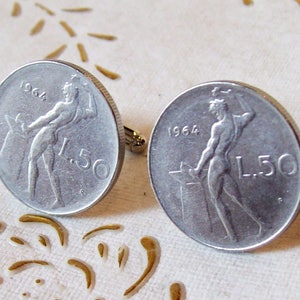 Vintage Italian 1964 Coin Cufflinks Mens.Vulcan,God of fire.Set of 2 Original  very rare 1964 50 Lire Coins.60th Birthday.mm.24,8(1&quot;).art47