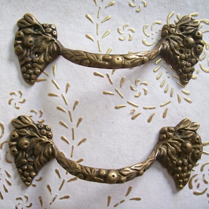 Peut inclure: Deux poignées de tiroir en laiton ornées d'un motif de vigne. Les poignées sont détaillées avec des feuilles et des baies.