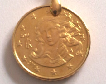 Italy 2011 &quot;VENUS&quot; Coin Pendant, Genuine 10 Eurocent Coin.the birth of Venus.Sandro Botticelli.Florence.Diam.mm. 20.10th Birthday. art.390