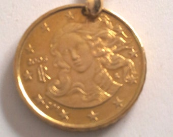 Italy 2006 &quot;VENUS&quot; Coin Pendant, Genuine 10 Eurocent Coin.the birth of Venus.Sandro Botticelli.Florence. Diam.mm. 20.15th Birthday.art.386