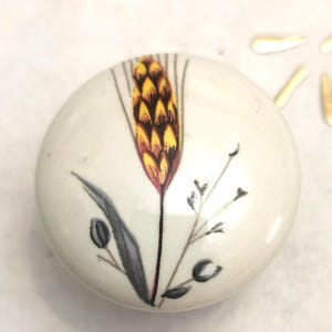 Peut inclure: Bouton de meuble rond en céramique blanc cassé avec un motif botanique peint à la main. Le motif représente un épi de blé jaune et marron avec des feuilles et des tiges vertes et noires. Le bouton est un élément de quincaillerie décoratif.
