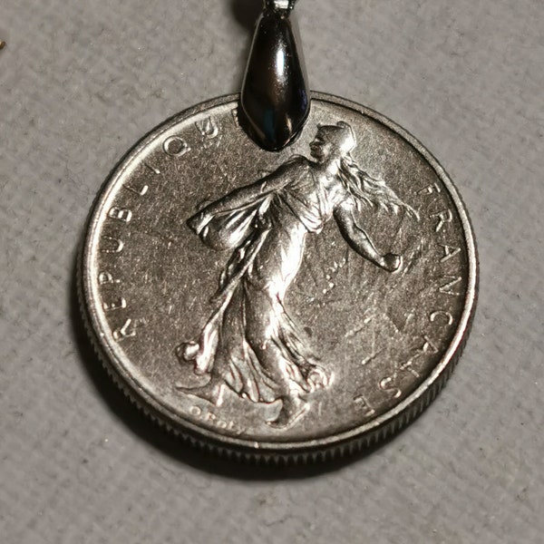 Vintage 1991 French Coin Pendant made from Genuine 1/2 half franc Coin.  Diam.18.Gift.30th Anniversary,30th Birthday. Women seeder.Art 688
