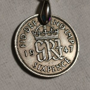 Vintage England 1947 Coin Pendant Silver Six Pence.Lucky coin,Queen Elizabeth II,Flowers,Diam.mm 19,Art.787, 74th birthday,74th Anniversary,