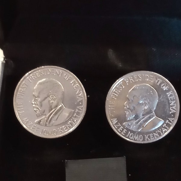 Vintage 2005 Kenia Coin Cufflinks .Genuine 1 schilling Coins.President Jomo Kenyatta,Diam. mm.24.16th Anniversary,16Th Birthday, art. 149
