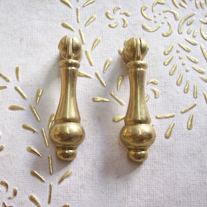 Könnte beinhalten: Zwei goldfarbene Schrankgriffe mit abgerundeter, bauchiger Form. Die Griffe haben eine glatte, polierte Oberfläche.