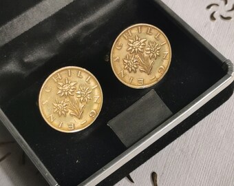 Vintage 1989 Austria Lucky Coin Abotoaduras.2 Moedas genuínas de 1 xelim.edelweiss flor da sorte.mm.22.32º aniversário, 32º aniversário.art.311