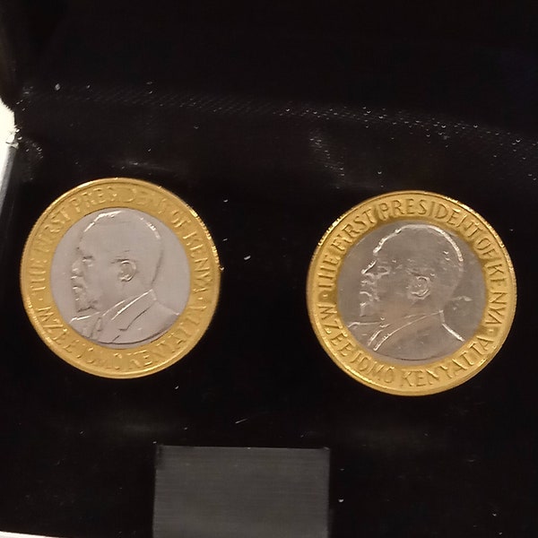 Vintage Kenia 2005 Coin Cufflinks.Genuine 5 schilling Coins.President Jomo Kenyatta.Diam.Coin mm.23.16th Anniversary,16Th Birthday, art. 152