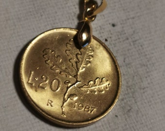 Vintage Italy 1987 Lire 20 Coin Pendant. Italian Republic 20 Lire