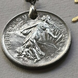 Vintage 1972 French Coin Pendant &quot;Seeder&quot; made from Genuine 5 franc Coin.Women seeder. Gift.49h Anniversary. 49th Birthday.mm.29 art.949