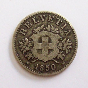 Vintage 1850 Switzerland 20 Rappen 1850. Coat of Arms, Cross. art. 1239. Very rare coin.  For collectors.   diameter: mm.21.antique coin