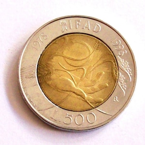 Vintage Italy 1998 Lire 500 coin.Repubblica Italiana Commemorative of the 20th Anniversary Commemorative Coin IFAD. art. 3707.23th Birthday
