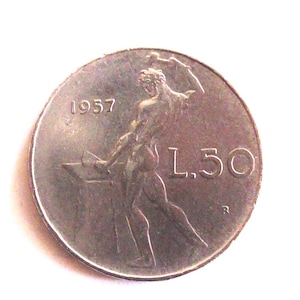 Vintage Italy 1957 lire 50 very rare coin. Repubblica Italiana  and Volcano. art. 4005. rare coin. 64th birthday