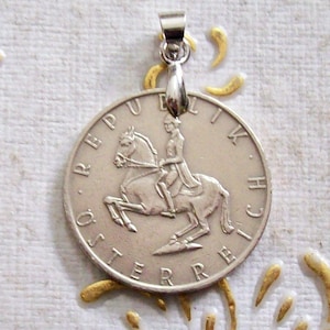 Vintage 1969 Austria Coin Pendant made from Genuine 5 shilling Coin. Horseman, horse, coat of arms,52th Anniversary, 52th Birthday. art.293