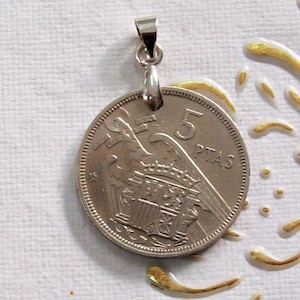 Vintage 1957 Spanish Coin Pendant, Genuine 1 Peseta coin. Spain. Coat of arms. Francisco Franco. 64th birthday, 64th Anniversary. art 453