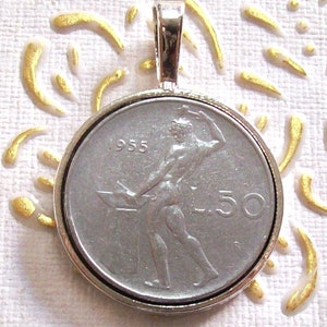 Vintage Italy 1955 lire 50 Coin Pendant. RARE Italian Republic 50 Lire Vulcano.The god of fire.art.6063-130. 70th birthday, 70th anniversary