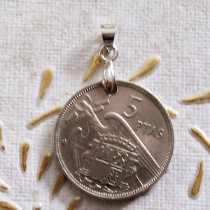 Vintage 1957 Spanish  Coin Pendant, Genuine 5 Peseta  coin. Spain. Coat of arms. Francisco Franco. 64th birthday, 64th Anniversary. art 288