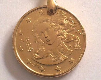 Italy 2012 &quot;VENUS&quot; Coin Pendant, Genuine 10 Eurocent Coin.the birth of Venus.Sandro Botticelli.Florence. Diam.mm. 20.9th Birthday. art.391