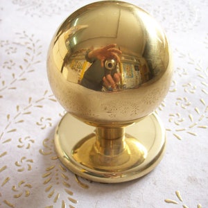 May include: A polished brass door knob with a spherical design. The knob sits on a circular base and is highly reflective, mirroring the surrounding environment. The surface has subtle engraved floral patterns.