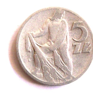Vintage Poland 1959  5  Zloty  coin. Fisherman. Coat of arms. Eagle.diameter 29 mm. art. 4971. Very fine coin.62th Anniversari,62th Birthday