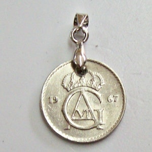 Vintage Sweden, Swedish Coin Pendant Silver Tone made from Genuine 1967 25 ore coin.Crown. art. 0624-80. 52th birthday, 52th Anniversary