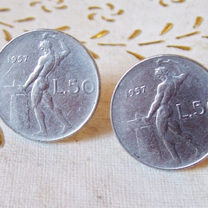 Vintage Italiaanse 1957 Coin Manchetknopen Mens.Vulcan, God van het vuur. Set gemaakt van Originele zeer zeldzame 50 Lire Coins.64th Birthday.mm.24,8(1&quot;).art42
