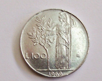 Vintage Italy 1969  lire 100 coin Italian Republic.Bay Tree  Minerva standing. art. 8620 Very rare coin. 51 years old.51th birthday