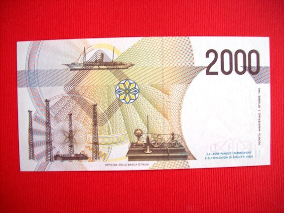 Vintage 1990 Italy 2000 Lire Republic of Italy Banknote. Guglielmo