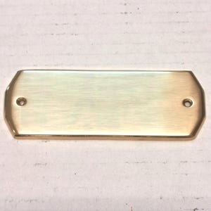 May include: A rectangular brass nameplate with rounded corners and two pre-drilled holes. The plate has a brushed finish, reflecting light. This item is suitable for engraving.