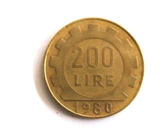 イタリア1954年シラクサナ大寸法200リラ使用済切手　通常200リラ使用済切手 ヴィンテージ イタリア 1980 リラ。200 リラ硬貨。イタリア共和国