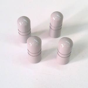 May include: Four gray plastic bottle stoppers. The stoppers are cylindrical with a slightly rounded top and bottom. They have a silver band around the middle.