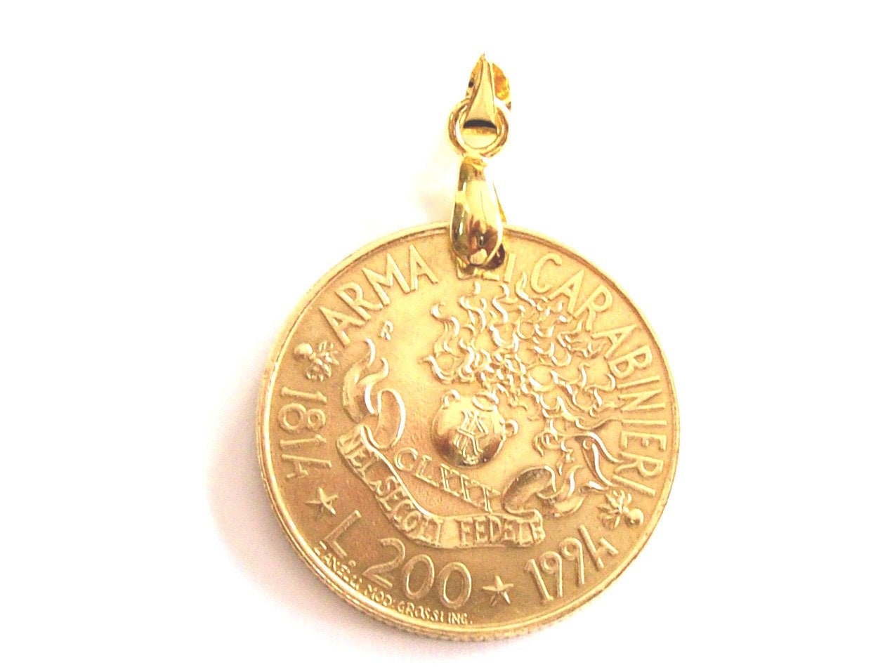Vintage Italy 1994 lire 200 Coin Pendant.Italian Republic 200 Lire Commemorative Coin 180th Arma dei Carabinieri.art.914.27th birthday