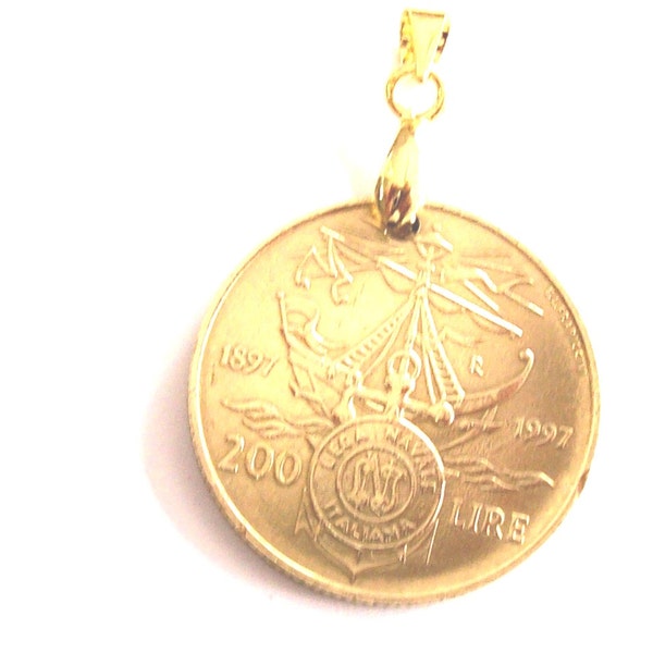 vintage 1997 Italie Coin Pendentif lire 200.Italian Republic 200 Lire Pièce commémorative 100e Italian Naval League.art.8357-38.24e anniversaire