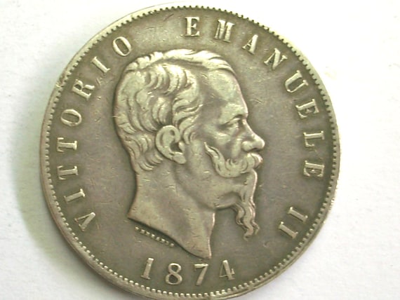 Antique Vintage Italy 5 Lire 1874 Silver Coin.kingdom of Italy