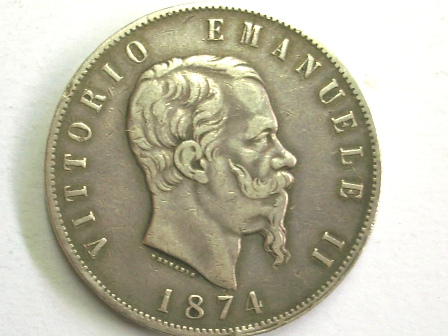アンティーク ヴィンテージ イタリア 5 リラ 1874 銀貨。イタリア王国