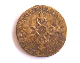 Antique 1658 French  Coin. Reign of Louis XIIII of France, Six Deniers. Cross. Lilies. diameter mm. 24-28. art.3927. For very collectors