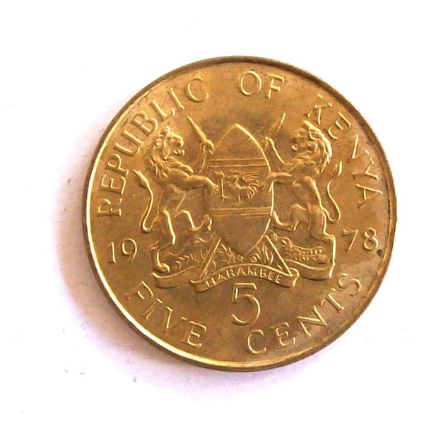Vintage Kenya 1978 5 cents coin.Republic of Kenya.Coat of arms.Mzee Jomo Kenyatta.art.2151.diam.mm.25,5. 42th Anniversari,42th Birthday