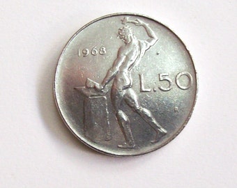 Vintage Italy 1968. lire 50 coin. Repubblica Italiana and Vulcano. Circulated but almost new. art. 8893.51th birthday, 51th anniversary