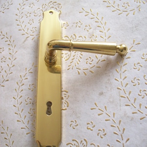 Może przedstawiać: Złoty klamka do drzwi z dźwignią i dziurką od klucza. Klamka jest zamontowana na prostokątnej płytce ze zaokrąglonymi krawędziami.